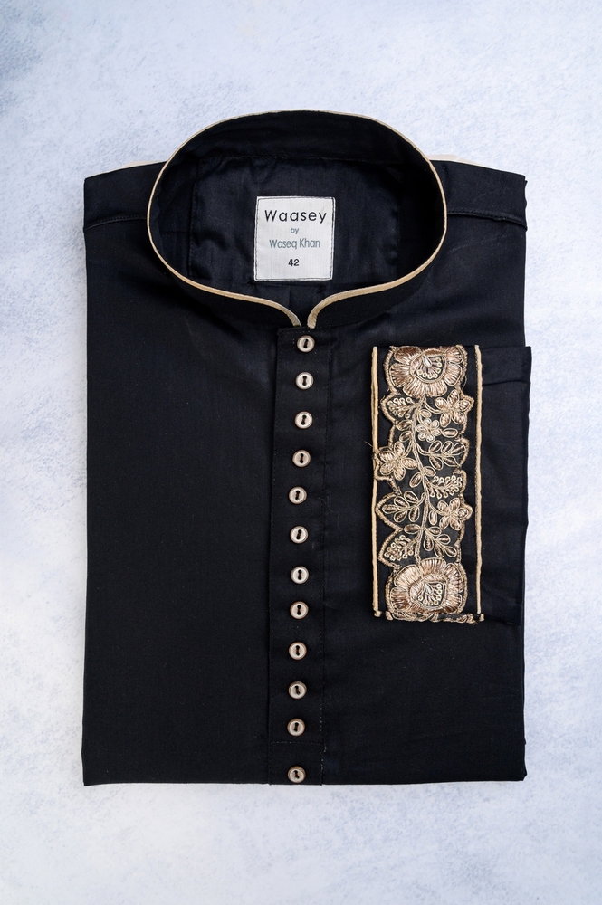 Royal Black Panjabi with Golden Embroidery & Buttons